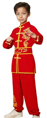 Traditional Chinese Martial Arts Uniform Dragon Embroidered Kung Fu Training Outfit for Boys and Girls (Red, 9-10 Years)