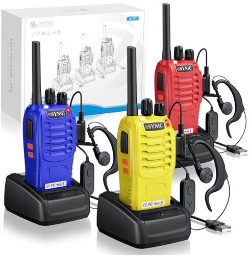 eSynic Walkie Talkie Funkgerät PMR446 lizenzfrei 3 Stück Rot, Gelb und Blau 16 Kanäle 0,5W mit VOX & LED Taschenlampe wiederaufladbares 2-Wege-Radio für Familie, Camping Wandern