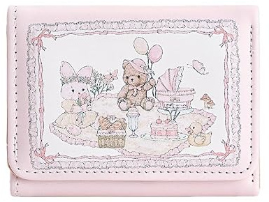 Yuziwi Damen PU Kurz Portemonnaie 10,5x8x1,5 cm Metallverschluss 6 Karten (Rosa Bärchen)