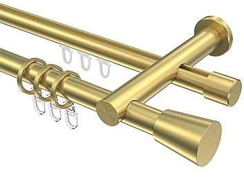 INTERDECO Rundrohr-Innenlauf-Gardinenstange 20 mm 2-läufig, moderne Rohr-Innenlaufstange aus Metall, Messing-Optik, zur Wandmontage, Typ 10224612, 280 cm