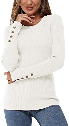 Newshows Long Sleeve Tops for Women UK Ladies Jumpers Button Solid Crew Neck Lightweight Knit Pullover Sweater Beige,M