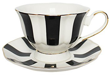 EKUEE Juego de taza de café y platillo, diseño de lunares, color blanco y negro