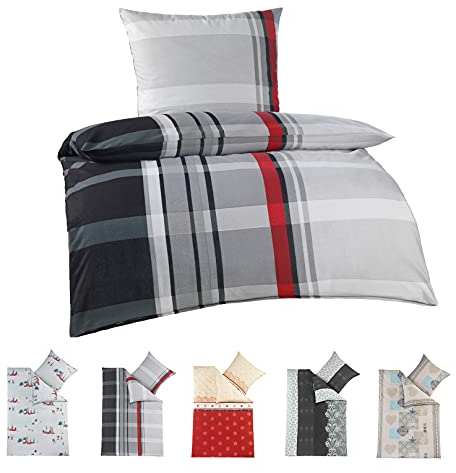 BaSaTex Feinbiber Winter Bettwäsche warme und kuschelige Bettgarnitur und Kissenbezug 135x200 + 80x80 cm | 100% Baumwolle | Jack - Anthrazit Grau Rot