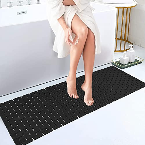 Fovlaurs Bambo Badematte, Badezimmerläufer, lang, groß, Teppich, Boden, Holz, Dusche, Badewanne, wasserdicht, rutschfest, Zubehör, 40,6 x 121,9 cm, leicht zu reinigen, Schwarz, 1 Stück
