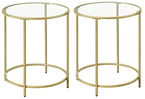 VASAGLE Beistelltisch rund, 2er Set, Kleiner Couchtisch, Glastisch mit Metallgestell, Nachttisch, Sofatisch, Balkon, Hartglas, goldfarben LCT631B01