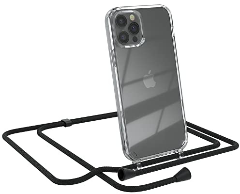 EAZY CASE Handykette kompatibel mit iPhone 12/12 Pro Handyhülle mit Umhängeband, Handykordel mit Schutzhülle, Silikonhülle, Hülle mit Band, Stylische Kette für Smartphones, Schwarz - Clips Schwarz