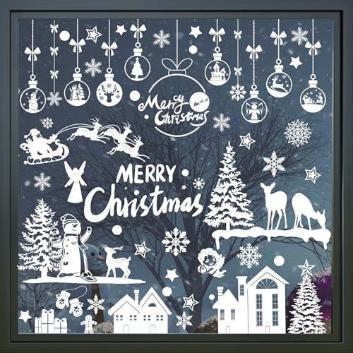9 Sheets Christmas Window Stickers,256PCS Double Sided PVC Static Xmas Window Clings, Christmas Tree Snowflake Snowman Window Party Decorations Sticker
