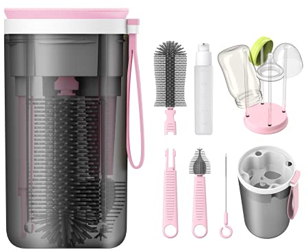 YOTIME Travel Baby Bottle Brush Set with Portable Silicone Bottle Brush, Nipple Cleaner Brush, Straw Brush, Soap Dispenser and Bottle Drying Rack, Pink