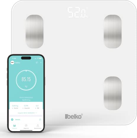 Belko Körperfettwaage Smarte Personenwaage Digital mit Bluetooth® und App für Messungen Körperfett, BMI, Gewicht, Muskelmasse, Wasser, Protein, BMR uvm., weiß