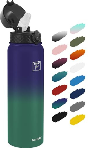 Fanhaw 1L Stainless Steel Insulated Sports Water Bottles with Straw for Kids, Men and Women(Purple Green)