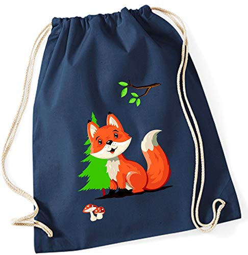 minimutz Turnbeutel Fuchs für Kinder | Stoffbeutel Baumwolle Fuchs Wald-Tiere | Sportbeutel zum Zuziehen mit Kordel 37cm x 46cm (dunkelblau)
