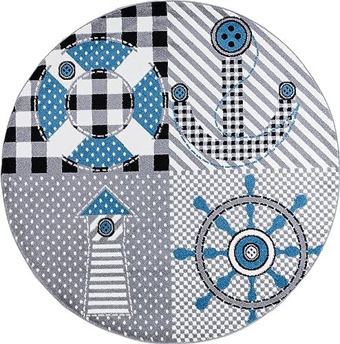 Carpettex Kinderteppich Piraten Design Grau 160 cm Rund - Kurzflor Teppich Kinderzimmer für Mädchen und Jungen Pflegeleicht Weich - Waschbarer Spielteppich Babyteppich Gaming Teppich Babyzimmer