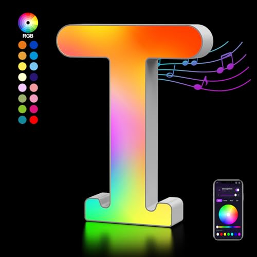 LED Buchstaben Lichter Alphabet, Led Leuchtbuchstabe Farblich Veränderbar mit USB-Netzteil, APP-Kontrolle, Dimmbar, Dekoration für Geburtstag Weihnachten Hochzeit Party Valentinstag - Buchstaben T