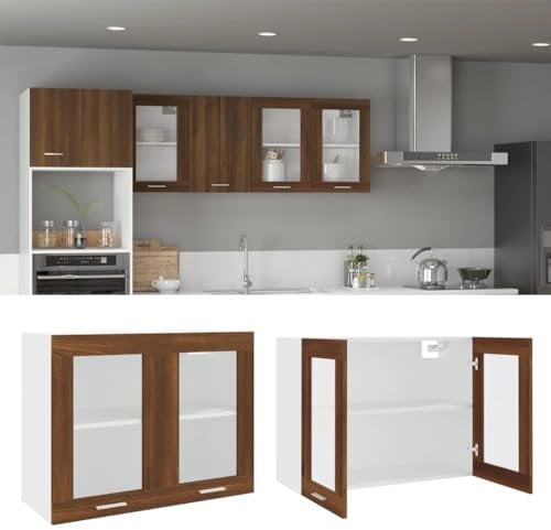 Hovothy Mobile Pensile Vetro Rovere Marrone 80x31x60cm in Multistrato Mobile Cucina Pensile Sospeso Mobile Sospeso Armadio Cucina Armadio Legno Armadio da Cucina Armadio Salvaspazio Credenza Cucina