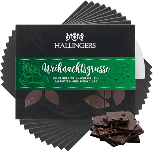 Hallingers 10x Weihnachtsgrüße - Vegane Schokolade Zartbitter-Edelkakao Minze - handmade, alkoholfrei (Box) - Geschenk im Sommer & als perfektes Grillgeschenk | Glückwunsch Danke Freundschaft Genesung