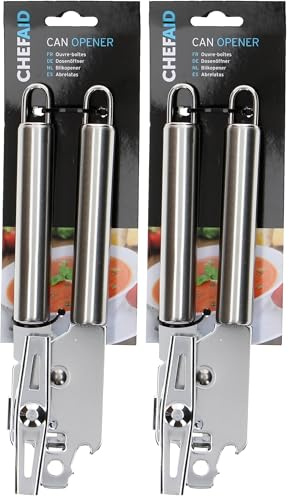 Chef Aid Can Opener, High Grade Stainless Steel Can, Tin, Jar and Bottle Opener, Manual Rotating Blade with Built in Hanging Loops - Dishwasher Safe (Pack of 2)