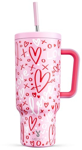 Meoky 40 oz Tumbler with Handle and Straw, Valentines Day Tumbler with Lid and Straw, Insulated Stainless Steel Travel Mug, 100% Leak-proof, Keeps Cold for 34 Hours or Hot for 10 Hours (Fancy)