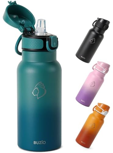 BUZIO Insulated Water Bottle 500ml - Stainless Steel Water Bottle with Straw for School - BPA Free - 100% Leak Poof - Lockable POPUP Lid - Toddler Water Bottle 500ml - Blue