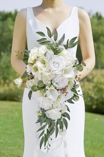 Alecono Hochzeitssträuße für die Braut, 20,3 cm, künstliche weiße Brautsträuße für Hochzeitszeremonie und Jubiläumsdekoration