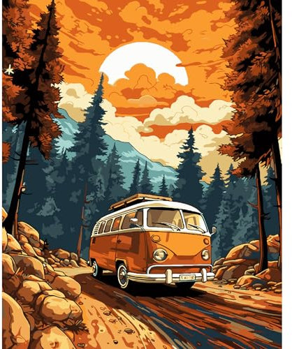 HEIBAGO Bus Paint by Numbers, Sunset Landscape Paint by Numbers for Adults Beginners, DIY Paint by Numbers on Canvas Mountain Oil Painting Picture for Home Art Decor 16x20 Inch (Frameless)