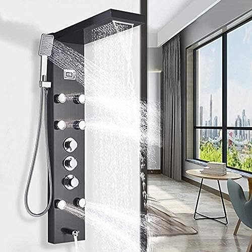 Schwarzes Thermostat, Edelstahl-Duschpaneel, Duschsäule, Duscharmatur, Duschsystem, Regenduschkopf, Handbrause, Armatur, Duschset, 6 x Massagedüsen