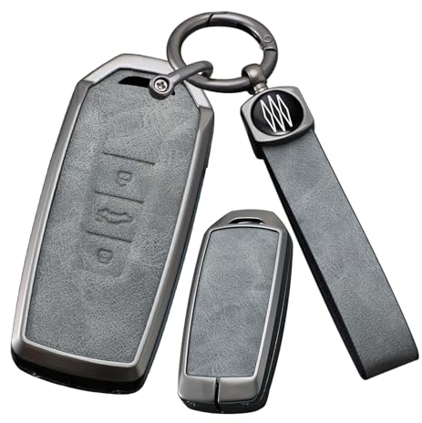 ontto Autoschlüssel Hülle Cover Passt für VW Touareg EL R-Line e-Hybrid 2019-2023 Fernbedienung Metall Leder Schlüsselhülle Etui Schlüsselanhänger 3 Tasten Grau G