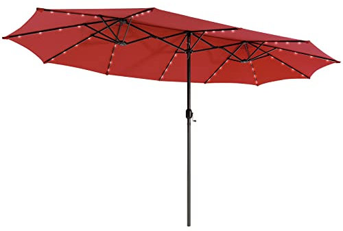 GOPLUS Parasol de Jardin Exterieur avec 48 Lumières LED, Parasol Double Extérieur avec Manivelle, Abri Solaire avec Events, Grand Parasol H.2,5M pour Terrasse, Blacon, Piscine, Pied Requis(Rouge)