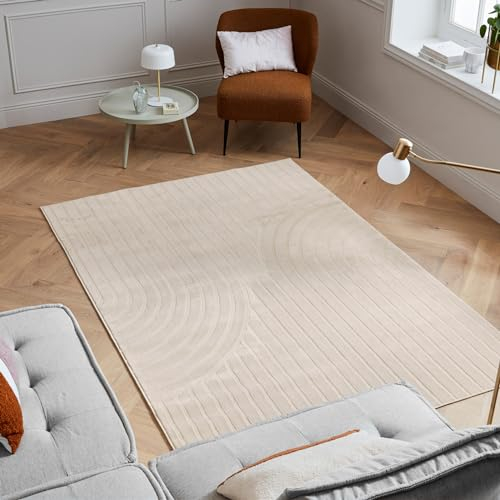 Nazar Teppich für Wohnzimmer, modern, Creme, Beige, Grau, Teppich, Schlafzimmer, weich, Reliefmotiv (1042 Creme, 200 x 280 cm)