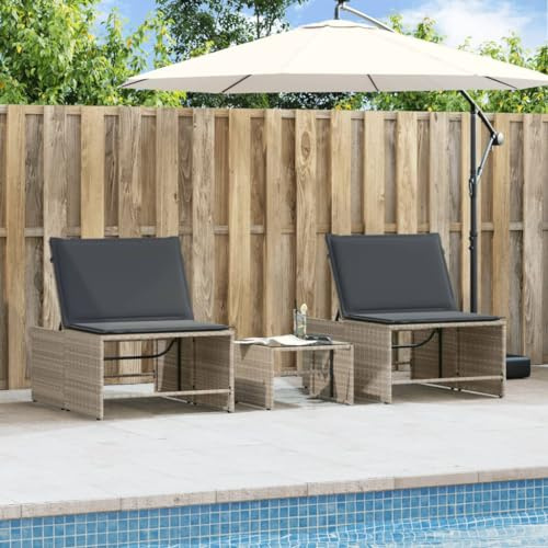 Faroom 2-in-1 Gartenliege Verstellbare Sonnenliege Poly Rattan mit Tisch Liegestuhl Gartenstuhl Relaxliege Balkonstuhl mit Auflage für Garten Terrasse Schwimmbad, Hellgrau