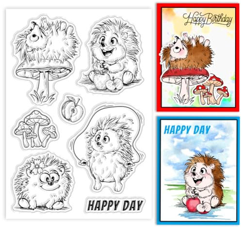 GLOBLELAND Hedgehog Clear Silikonstempel for DIY Card Making Mushroom Silicone Transparent Stamp Seal Flower Apples Decorative Clear Stamps for Scrapbooking Photo Album Journal Decoration