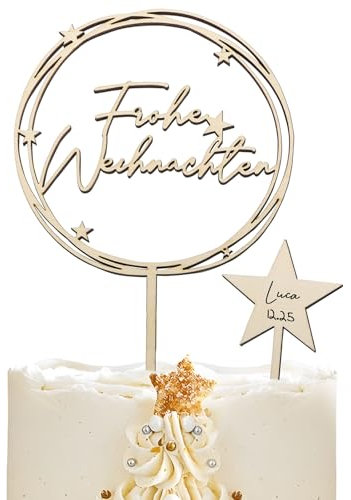 BETESSIN Tortendeko Weihnachten - Frohe Weihnachten Cake Topper Holz - Tortenstecker im Stern Stil - Kuchendekoration für Weihnachtstorte