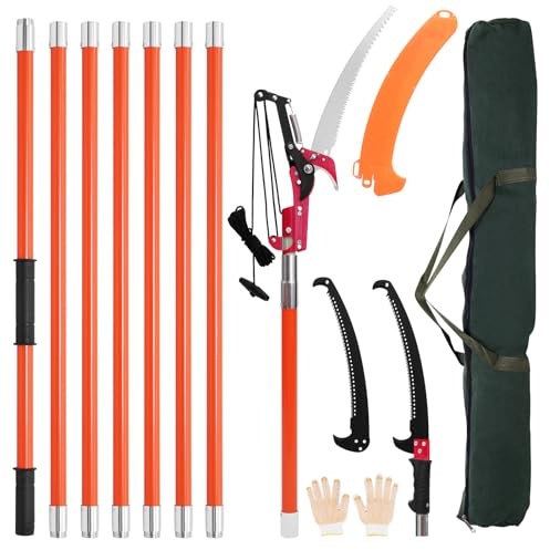 Scie Télescopique Élaguer 8 m, Scie à Élaguer Télescopique avec Lame en Acier 2,24 m - 8,24 m, Scie à Perche Extensible Manuelle avec Lame en Acier Tranchant, pour Élagage Palmiers Arbustes (B)
