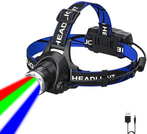 MODOAO 4 in 1 Farbiges Stirnlampe 800 Lumen Superhell Kopflampe,4 Farben Zoombare Stirnlampe LED Aufladbar mit Rot Grün Weiß Blaues Licht für Camping Angeln Astronomie Nachtsicht Wandern
