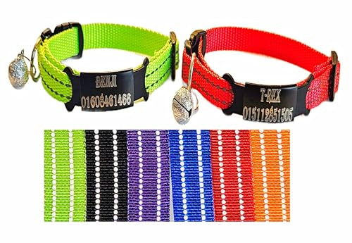 2X personalisiertes Katzenhalsband personalisiert mit Name graviert Katze Halsband reflektierend Leuchtend aus Nylon mit Glöckchen (Rot und Neon Gelb)