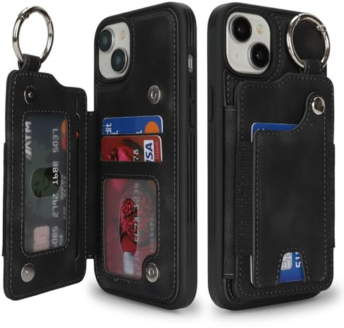 SailorTech Case for iPhone 14 Plus Phone Case with Keychain Ring Credit Card Holder for Women, iPhone 14 Plus Leather Case Wallet with Kickstand Card Slots Fashionable Case for Men - Black