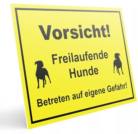 PRINTIMA Vorsicht Hund Schild PVC, Vorsicht! Freilaufende Hunde, Betreten auf eigene Gefahr, Rot, Gelb oder Weiß, 32x21cm oder 40x30cm – Wetterfest und gut sichtbar (Gelb un Schwarz, 40x30cm)