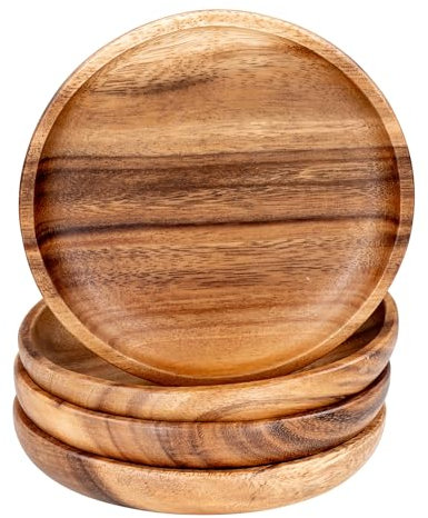 levandeo Lot de 4 assiettes rondes en bois d'acacia - Diamètre : 15 cm - Assiettes à collation - En bois d'acacia - Fabriquées à la main - Décoration de table unique