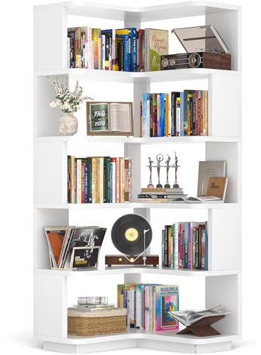 armocity Corner Book Shelf - 6 Tier Corner Bookshelf Etagere Bookcase with Baffle, Freestanding L Shaped Display Shelf Stand for Home Office, Living Room, Bedroom, Kitchen, White