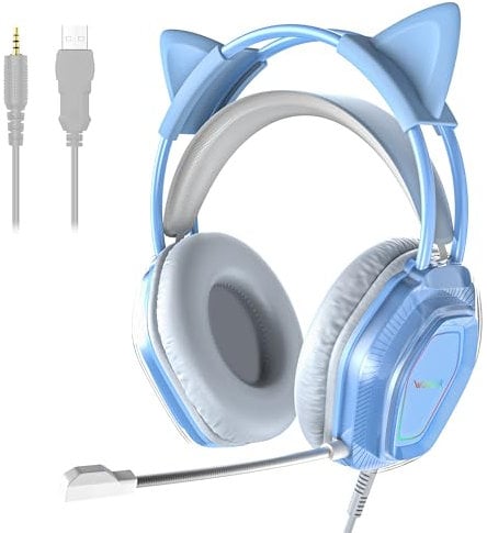 Wantek Cute Cat-Ear Gaming Headset - 50mm Drivers, Noise-Cancelling Mic, 3.5mm Wired Stylish & Lightweight Design (Blue)