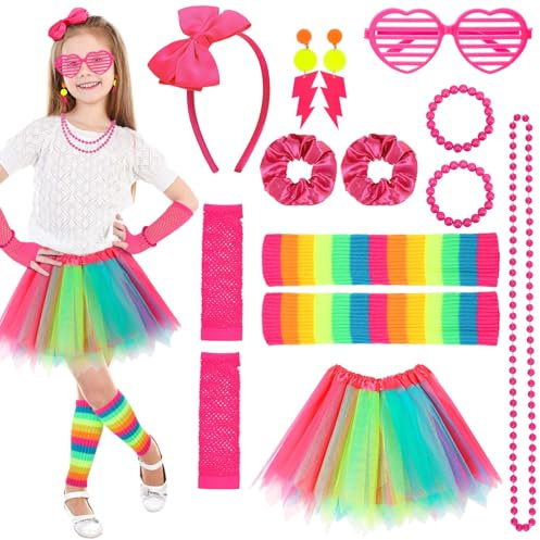 GSrenyu 80s Fancy Dress for Girls, 90s Fancy Dress Kids Tutu Neon Leg Warmers Fishnet Gloves Sunglasses Earrings Necklace Headband Scrunchies Neon Party Outfit Accessories