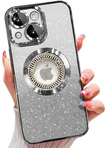 Misscase Magnetic Glitter for iPhone 14 Case,Cute Full Protection Slim Shockproof Anti-Scratch Bling Sparkly Case with Camera Lens Protector, Logo View Dust-Proof Net for Women Silver