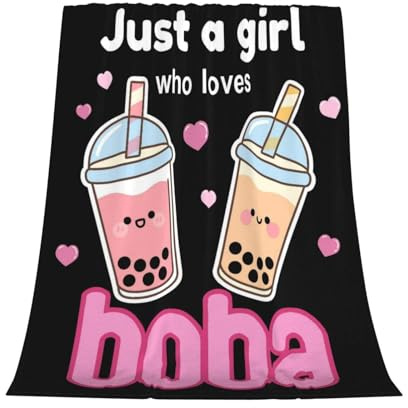 GardEssere Just A Girl Who Loves Boba Blanket Throw Bubble Tea Gifts for Girls Flannel Cartoon Cute Blankets Warm Soft Lightweight Throws for Sofa Bedding for Women Kids 130x150 CM