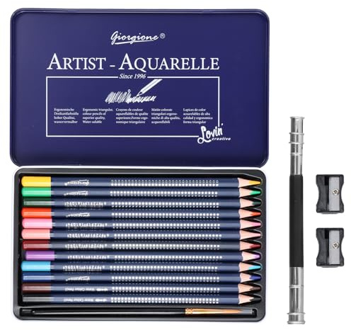 12 Stück Wasserlösliche Buntstifte, Aquarellstifte für Kinder und Erwachsene, Wasservermalbar mit Eisenbox, Feinem Pinsel, Spitzer und Bleistiftverlängerer, Dreikantige Holzstifte, Buntstifte Kinder