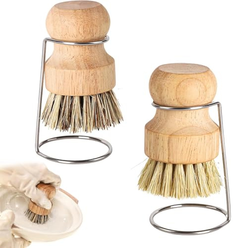 Bamboo Palm Brush, 2 PCS Bamboo Dish Pot Pan Brushes Set, Palm Dish Brush Scrub Brush with 2 Drain Racks for Fish Pots Pans Kitchen Sink Cleaning