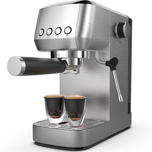 Dewelling Macchina Espresso 20 Bar con Montalatte, Portafiltro 51 mm, Pre-Infusione, Riscaldamento Rapido, Design in Acciaio Inox, Serbatoio 1,3 L, Scalda Tazze, Filtri 2-in-1