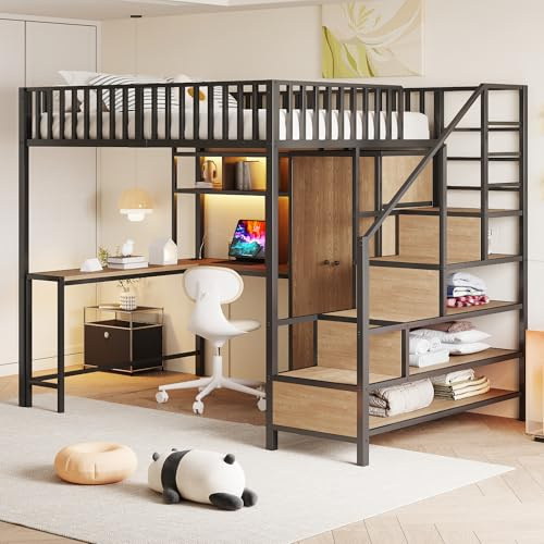 VIVCA Letto a soppalco in metallo, 140 x 200 cm, con scrivania, mensola, armadio, cassetti, scala portaoggetti, ringhiera di sicurezza, presa di ricarica e illuminazione a LED, colore nero