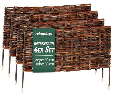 Relaxdays Beeteinfassung, Weide, 4er Set, HxB: 30 x 60 cm, zum Stecken, Beet & Rasen, niedrige Beetumrandung, braun