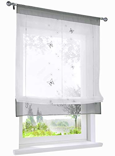 1 Stück Raffrollo mit Schmetterling Stickerei Raffgardine Transparent Voile Tunnelzug Vorhang (BxH 80x120cm, Grau)