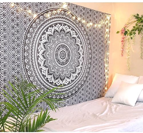 THE ART BOX Indie Wandteppich Baumwolle Mandala Wandbehang Deko Teppich Aesthetic Room Decor Dekoration Wohnzimmer Indische Tücher Schlafzimmer Deko, Grau und Weiß, 210x230 Cm
