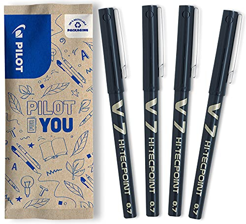Pilot Hi-Tecpoint V7 Tintenroller – feine Stifte mit Flüssigtinte und 0,7mm-Spitze für präzises Schreiben, schnell trocknend, auslaufsicher – 4er Set Schwarz – dokumentenecht